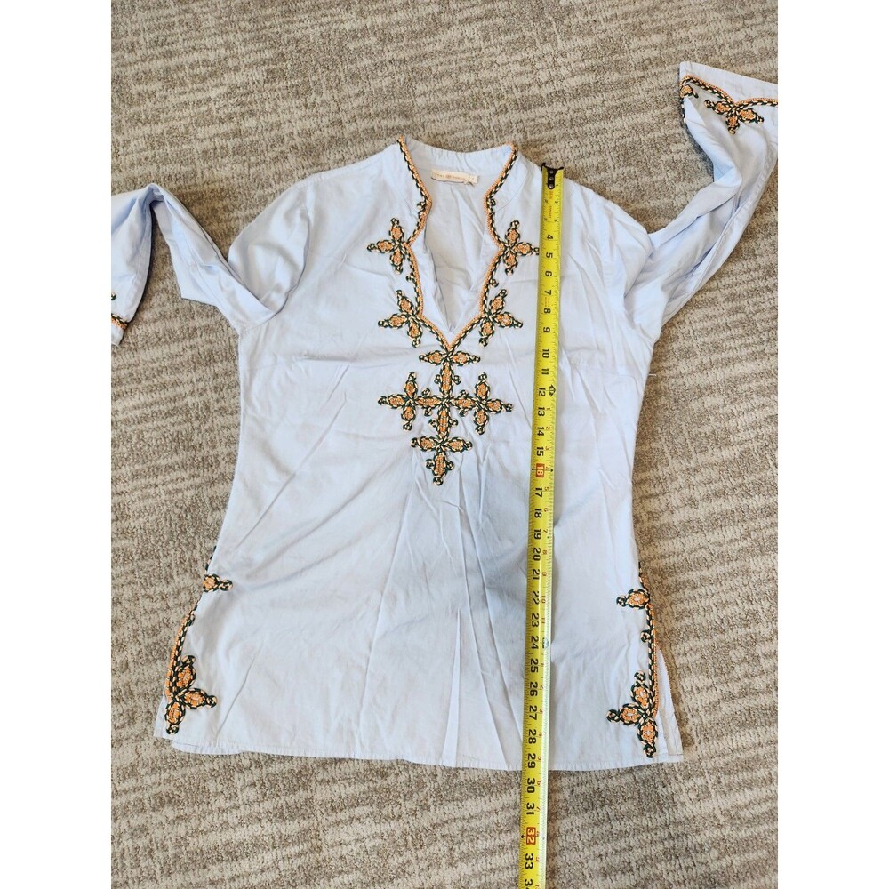 Tory Burch Light Blue Embroidered V-Neck Cotton Tunic Size 12 Boho Resort - Picture 4 of 12